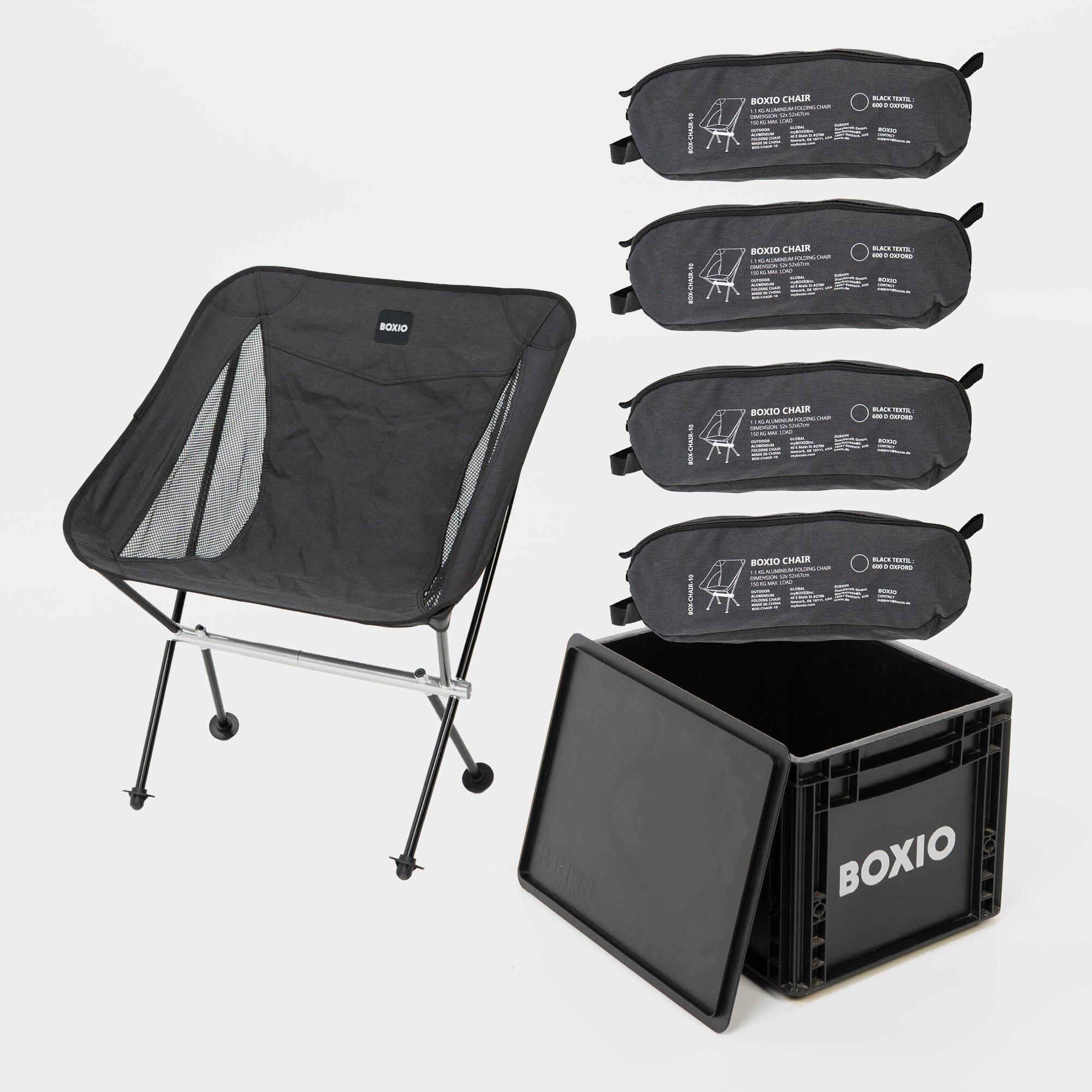 4er-Set BOXIO CHAIR: ultraleichter Campingstuhl mit Transporttasche, kompakt und ideal für minimalistisches Reisen.