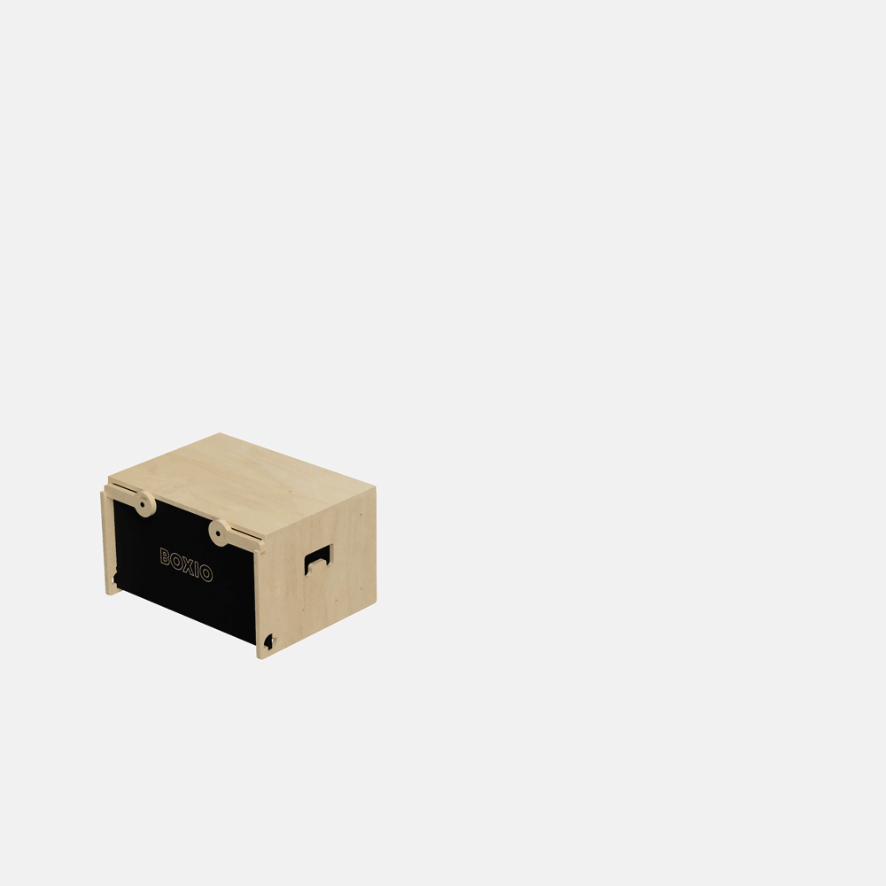 Holzbox mit schwarzer Front und seitlichem Griff, geeignet zur Aufbewahrung oder als Dekorationsobjekt.