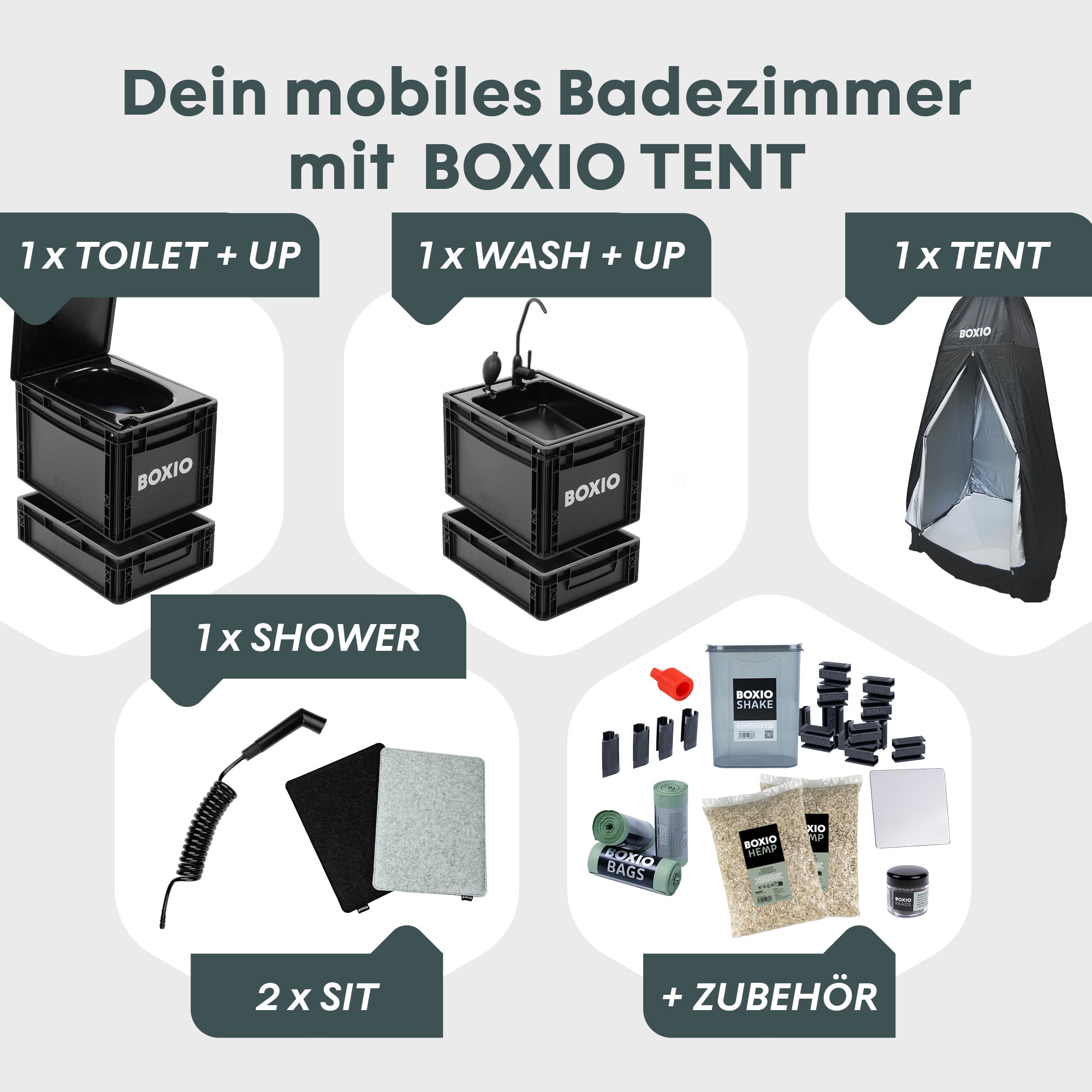 BOXIO Sanitary Plus mobile bathroom kit with toilet, wash, shower, tent, and accessories for on-the-go convenience.