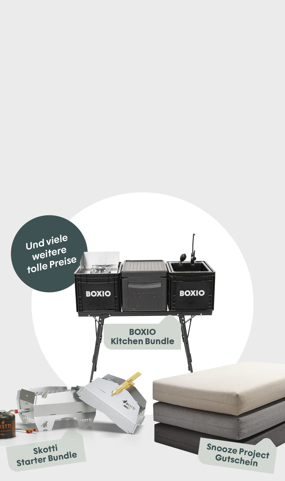 BOXIO Küchenbundle mit zwei Behältern, Skotti Starter Bundle und Snooze Project Gutscheinen auf hellem Hintergrund.